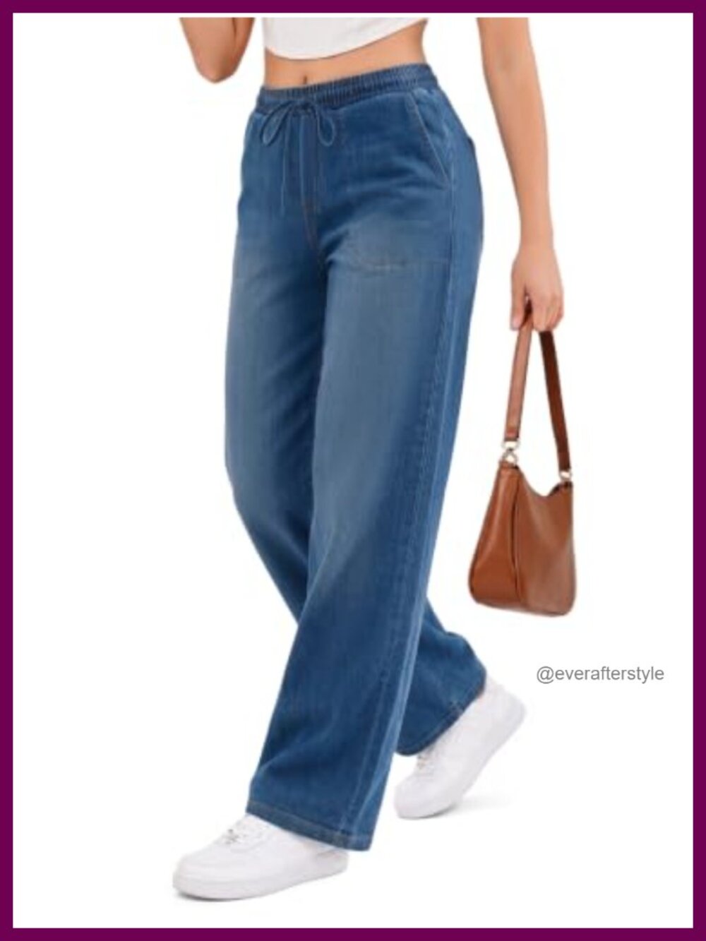 Wide Leg Baggy Jeans High Waisted Stretchy Denim 4 Pockets Drawstring - Picture 1 of 6
